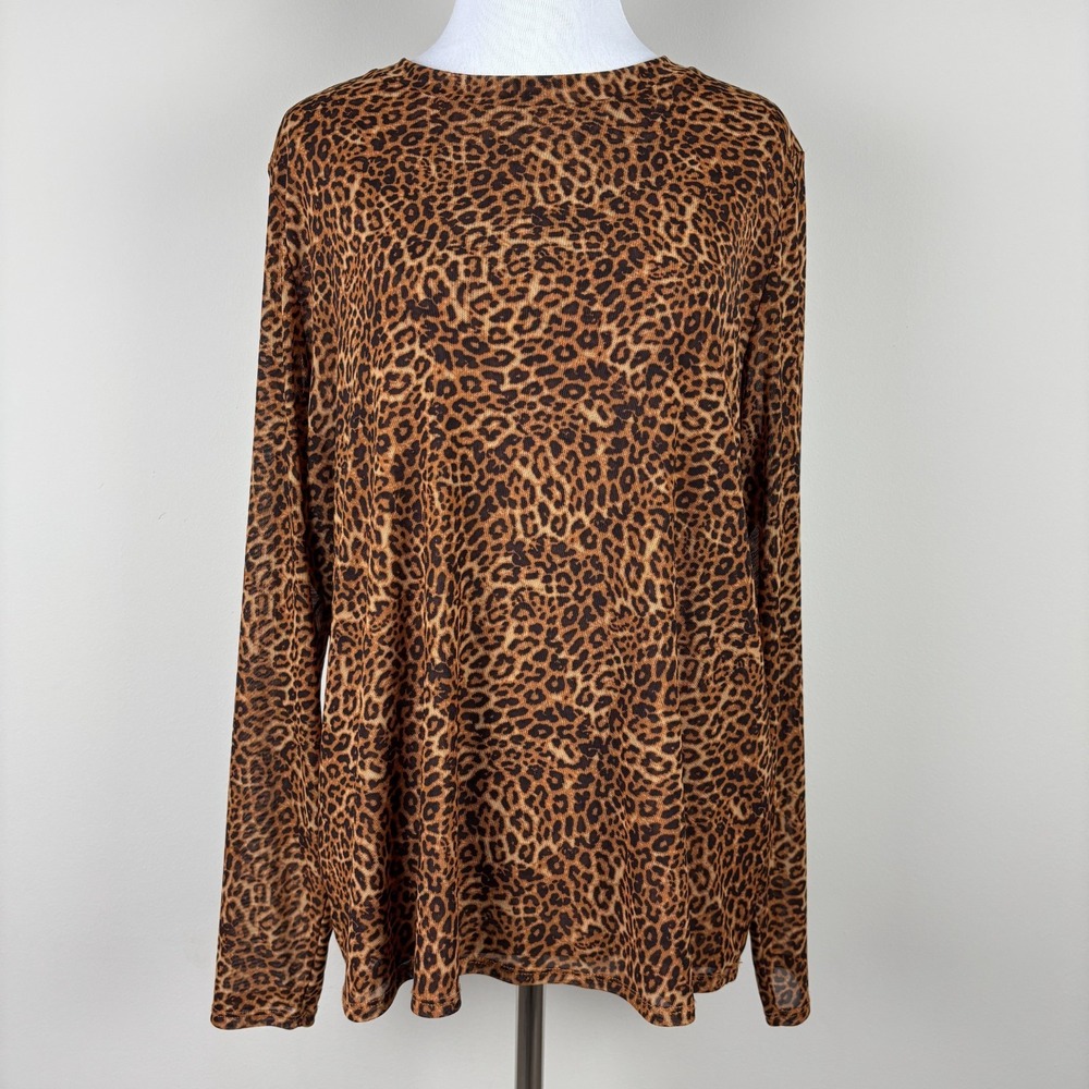 INC International Concepts Top Women 0X Brown Leopard Print Mesh Long Sleeve Y2K